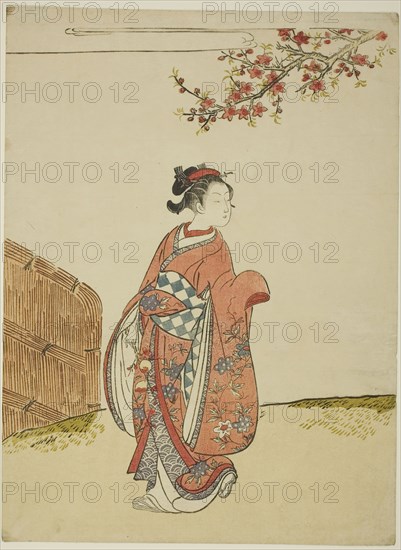 Under a Peach Tree, c. 1766, Suzuki Harunobu ?? ??, Japanese, 1725 (?)-1770, Japan, Color woodblock print, left sheet of chuban diptych, 11 x 8 1/8 in.