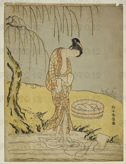 Washing Cloth in a Stream, c. 1768/69, Suzuki Harunobu ?? ??, Japanese, 1725 (?)-1770, Japan, Color woodblock print, chuban, 10 3/4 x 8 in.