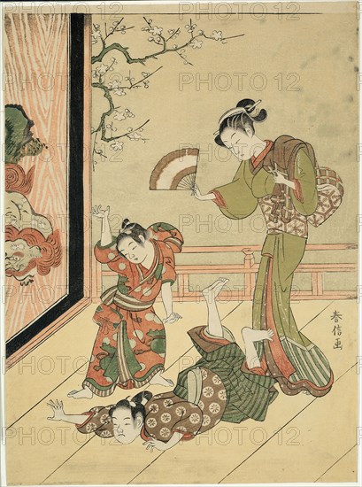 The Wrestling Match (parody of Ushikawamaru and Benkei), c. 1767, Suzuki Harunobu ?? ??, Japanese, 1725 (?)-1770, Japan, Color woodblock print, chuban, 27.4 x 20.1 cm (10 3/4 x 8 in.)