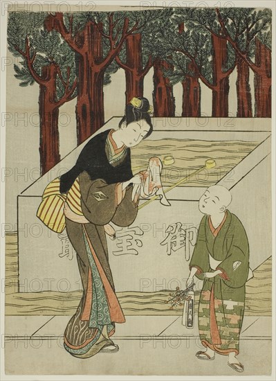 Woman Washing Her Hands before Entering a Shrine, c. 1767, Attributed to Suzuki Harunobu ?? ??, Japanese, 1725 (?)-1770, Japan, Color woodblock print, chuban, 26.5 x 19.2 cm (10 1/2 x 7 1/2 in.)