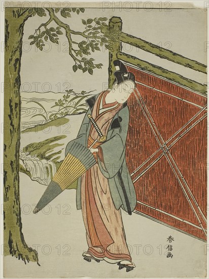 Young Man Holding Umbrella Beside a Fence, c. 1767/68, Suzuki Harunobu ?? ??, Japanese, 1725 (?)-1770, Japan, Color woodblock print, chuban, 11 1/8 x 8 1/4 in.