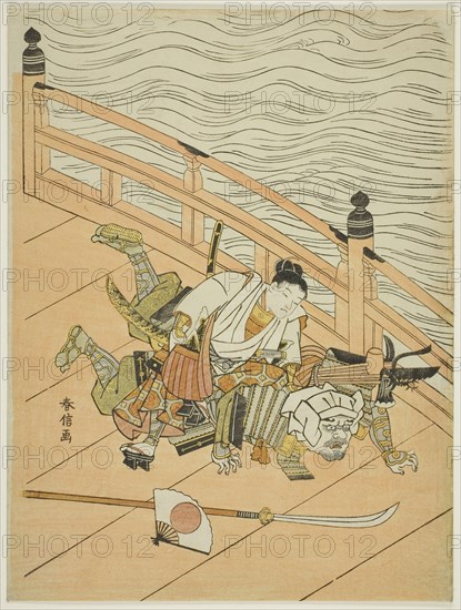 Ushiwakamaru and Benkei fighting on Gojo Bridge, c. 1767, Suzuki Harunobu ?? ??, Japanese, 1725 (?)-1770, Japan, Color woodblock print, chuban, 11 3/8 x 8 3/8 in.