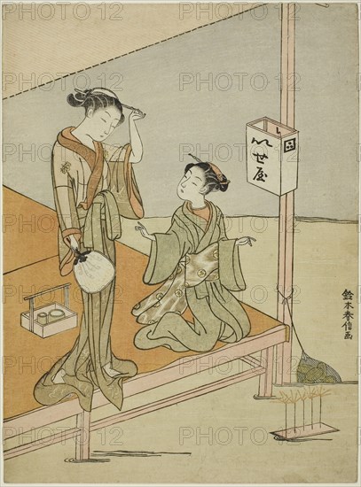 A Courtesan and Her Attendant at the Riverside Teahouse Iseya, c. 1768/69, Suzuki Harunobu ?? ??, Japanese, 1725 (?)-1770, Japan, Color woodblock print, chuban, 10 3/4 x 7 7/8 in.