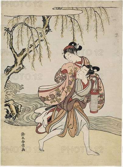 The Elopement (parody of Akutagawa episode from Tales of Ise), c. 1767, Suzuki Harunobu ?? ??, Japanese, 1725 (?)-1770, Japan, Color woodblock print, chuban, 27.9 x 20.4 cm (11 x 8 in.)