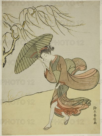 A Windy Day, c. 1767/68, Suzuki Harunobu ?? ??, Japanese, 1725 (?)-1770, Japan, Color woodblock print, chuban, 10 1/2 x 7 3/4 in.