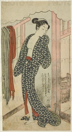 Woman in a Bathhouse, c. 1769/70, Suzuki Harunobu ?? ??, Japanese, 1725 (?)-1770, Japan, Color woodblock print, cut from chuban sheet, 8 1/2 x 4 1/2 in.