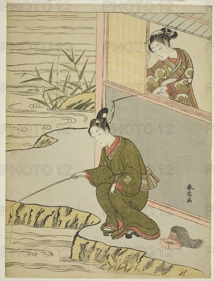 Beauty Teasing a Young Man Fshing, c. 1768, Suzuki Harunobu ?? ??, Japanese, 1725 (?)-1770, Japan, Color woodblock print, chuban, 28.5 x 21.5 cm (11 1/4 x 8 1/2 in.)