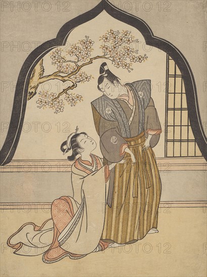 Lovers Dressing Beside a Window, 1765, Suzuki Harunobu ?? ??, Japanese, 1725 (?)-1770, Japan, Color woodblock print, chuban, surimono, 27.8 x 20.8 cm (10 7/8 x 8 1/8 in.)