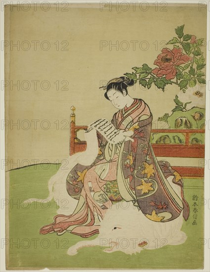 Young Woman Seated on a White Elephant (parody of the Bodhisattva Fugen), c. 1767/68, Suzuki Harunobu ?? ??, Japanese, 1725 (?)-1770, Japan, Color woodblock print, chuban, 28.4 x 21.3 cm (11 1/4 x 8 7/8 in.)