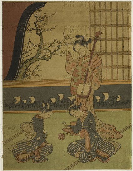 Courtesan Watching Her Attendants Playing with a Ball, c. 1765/70, Attributed to Suzuki Harunobu ?? ??, Japanese, 1725 (?)-1770, Japan, Color woodblock print, chuban, 27.3 x 20.6 cm (10 3/4 x 8 1/8 in.)