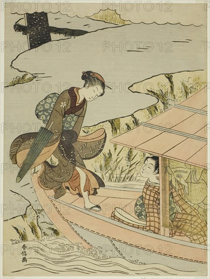Girl Boarding a Boat, c. 1767/68, Suzuki Harunobu ?? ??, Japanese, 1725 (?)-1770, Japan, Color woodblock print, chuban, 28.5 x 21.1 cm
