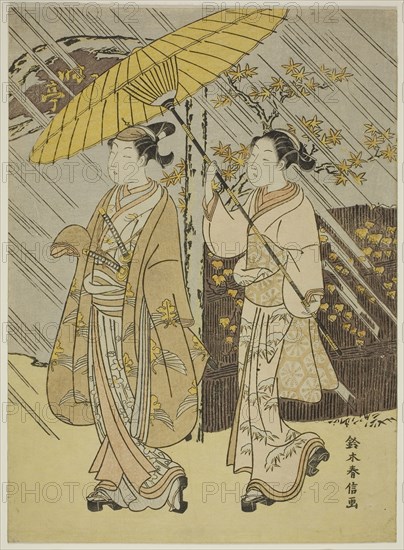 A Young Male Actor on Parade in Autumn Rain, c. 1765/70, Suzuki Harunobu ?? ??, Japanese, 1725 (?)-1770, Japan, Color woodblock print, chuban, 27.4 x 20.0 cm