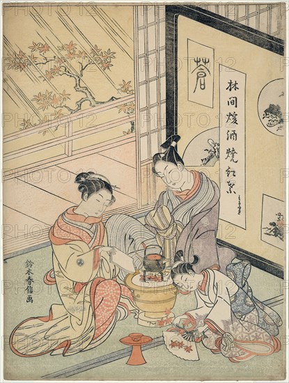 Burning Maple Leaves to Heat Sake, c. 1768, Suzuki Harunobu ?? ??, Japanese, 1725 (?)-1770, Japan, Color woodblock print, chuban, 28.7 x 21.6 cm (11 1/4 x 8 1/4 in.)