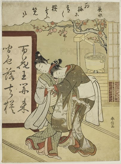 Poem by Chosui, from the series Five Fashionable Colors of Ink (Furyu goshiki-zumi), c. 1768, Suzuki Harunobu ?? ??, Japanese, 1725 (?)-1770, Japan, Color woodblock print, chuban, 10 1/2 x 7 3/4 in.