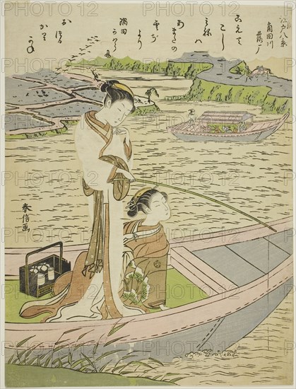 Geese Descending on the Sumida River (Sumidagawa no rakugan), from the series Eight Fashionable Views of Edo (Furyu Edo hakkei), c. 1768/69, Suzuki Harunobu ?? ??, Japanese, 1725 (?)-1770, Japan, Color woodblock print, chuban, 10 7/8 x 8 1/8 in.