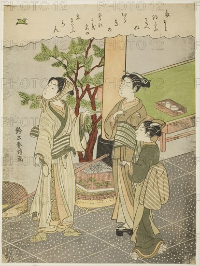 Freeing a captured bird, c. 1769/70, Suzuki Harunobu ?? ??, Japanese, 1725 (?)-1770, Japan, Color woodblock print, chuban, 28.5 x 21.1 cm (11 1/8 x 8 1/2 in.)