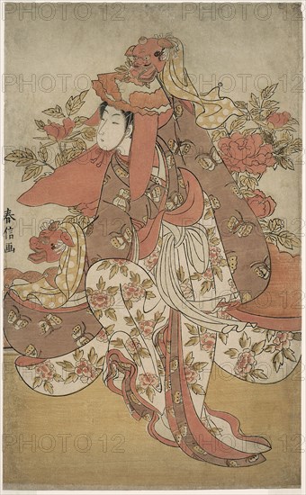 The Lion Dance, c. 1769/70, Suzuki Harunobu ?? ??, Japanese, 1725 (?)-1770, Japan, Color woodblock print, oban, 36.6 x 22.4 cm (4 3/8 x 8 3/4 in.)