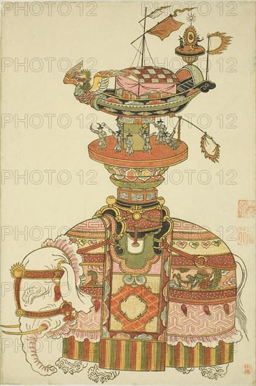 Mechanical Elephant with Festival Barge and Korean Musicians, c. 1765, Attributed to Komatsuya Hyakki, Japanese, 1720–1793 (?), Japan, Color woodblock print, chuban, 28.2 x 19.0 cm (11 1/8 x 7 1/2 in.)