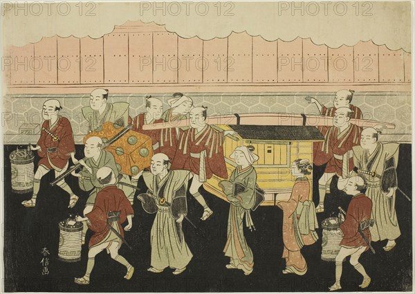 The Bride Riding in the Palanquin to Her Husband’s House (Koshi-iri), the third sheet of the series Marriage in Brocade Prints, the Carriage of the Virtuous Woman (Konrei nishiki misao-guruma), c. 1769, Suzuki Harunobu ?? ??, Japanese, 1725 (?)-1770, Japan, Color woodblock print, chuban yoko-e, 7 7/8 x 11 in.