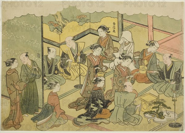 The Ceremonial Sake (Konrei sakazuki), the fourth sheet of the series Marriage in Brocade Prints, the Carriage of the Virtuous Woman (Konrei nishiki misao-guruma), c. 1769, Suzuki Harunobu ?? ??, Japanese, 1725 (?)-1770, Japan, Color woodblock print, chuban yoko-e, 7 7/8 x 11 in., Lobed Dish with Scholars and Attendant in a Garden of Pine and Plum Trees, Ming dynasty (1368–1644), early 15th century, China, Carved cinnabar lacquer, H. 2.6 cm (1 in.), diam. 16.8 cm (6 5/8 in.)