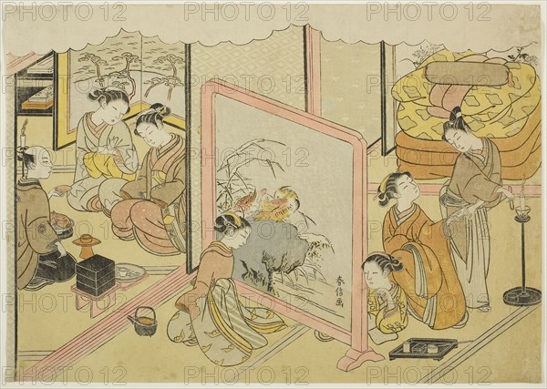 A Cup of Sake before Bed (Toko sakazuki), the sixth sheet of the series Marriage in Brocade Prints, the Carriage of the Virtuous Woman (Konrei nishiki misao-guruma), c. 1769, Suzuki Harunobu ?? ??, Japanese, 1725 (?)-1770, Japan, Color woodblock print, chuban yoko-e, 7 7/8 x 11 in.