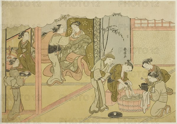 The First Childbirth (Uizan), the seventh sheet of the series Marriage in Brocade Prints, the Carriage of the Virtuous Woman (Konrei nishiki misao-guruma), c. 1769, Suzuki Harunobu ?? ??, Japanese, 1725 (?)-1770, Japan, Color woodblock print, chuban yoko-e, 7 7/8 x 11 in.