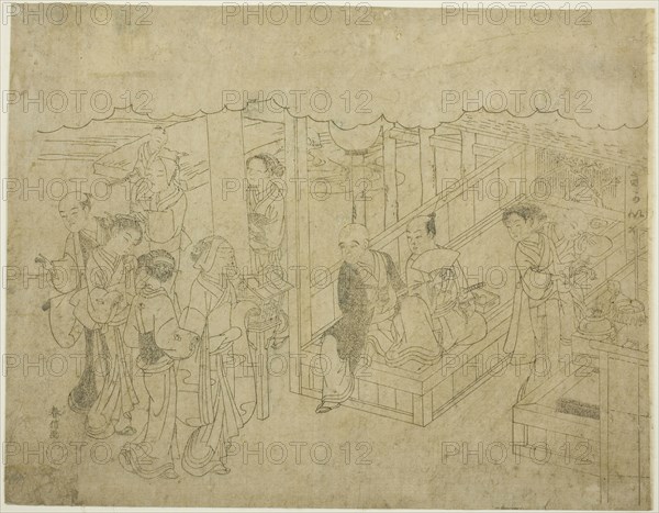 Key block print for The Introduction (Miai), the first sheet from the series Marriage in Brocade Prints, the Carriage of the Virtuous Woman (Konrei nishiki misao-guruma), c. 1769, Suzuki Harunobu ?? ??, Japanese, 1725 (?)-1770, Japan, Woodblock print, key block, chuban, 22.5 x 29 cm (8 7/8 x 11 3/8 in.)