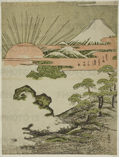 View of Mount Fuji at sunrise on New Year’s Day, c. 1772, Isoda Koryusai, Japanese, 1735-1790, Japan, Color woodblock print, chuban, 9 5/8 x 7 1/4 in.