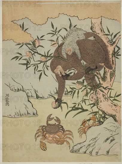 Monkey playing with crabs, c. 1772, Isoda Koryusai, Japanese, 1735-1790, Japan, Color woodblock print, chuban, 10 1/2 x 7 3/4 in.