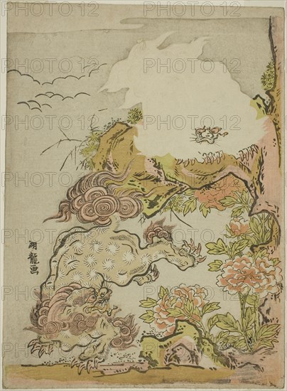 Chinese Lions and Peonies, c. 1772, Isoda Koryusai, Japanese, 1735-1790, Japan, Color woodblock print, chuban, 10 3/8 x 7 5/8 in., Gibbons Among Cherry Trees, late 19th century, Unidentified artist, Japanese, active 19th century, Japan, Two panel screen, ink and colors on silk, 168.5.0 x 166.4 cm (painting)