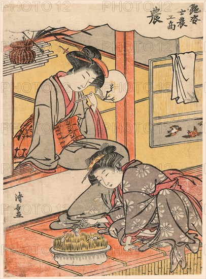 The Farmer (No) from the series Beauties Illustrating the Four Social Classes (Adesugata shi no ko sho), c. 1779, Torii Kiyonaga, Japanese, 1752-1815, Japan, Color woodblock print, koban, 20.7 x 15.1 cm