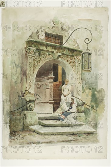 Two Women in a Doorway, 1882, Lawrence Carmichael Earle, American, 1845-1921, United States, Watercolor and gouache, over traces of graphite, on cream watercolor paper, laid down on wood-pulp board, 575 x 401 mm