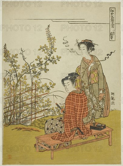 The Eighth Month at Hagi Temple (Hachigatsu Hagidera), from the series Famous Places in Edo in the Twelve Months (Edo meisho junigatsu), c. 1773/75, Isoda Koryusai, Japanese, 1735-1790, Japan, Color woodblock print, chuban, 10 1/4 x 7 1/2 in.