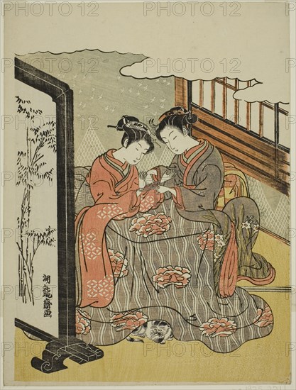 Two Young Women Playing Cat’s Cradle, c. 1769, Isoda Koryusai, Japanese, 1735-1790, Japan, Color woodblock print, chuban, 10 1/4 x 7 3/4 in.