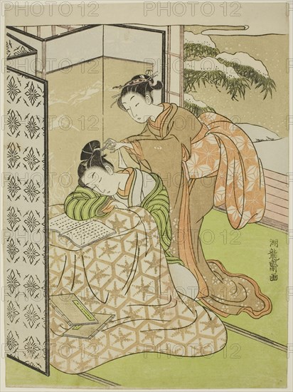 Girl Playing a Prank on a Young Man who is Napping, c. 1769, Isoda Koryusai, Japanese, 1735-1790, Japan, Color woodblock print, chuban, 10 1/4 x 7 1/2 in.