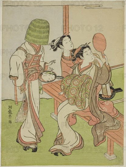 A Courtesan and Her Attendant Using Mirrors to Identify a Mendicant Monk, c. 1772, Isoda Koryusai, Japanese, 1735-1790, Japan, Color woodblock print, chuban, 26.3 x 19.6 cm (10 5/16 x 7 9/16 in.)