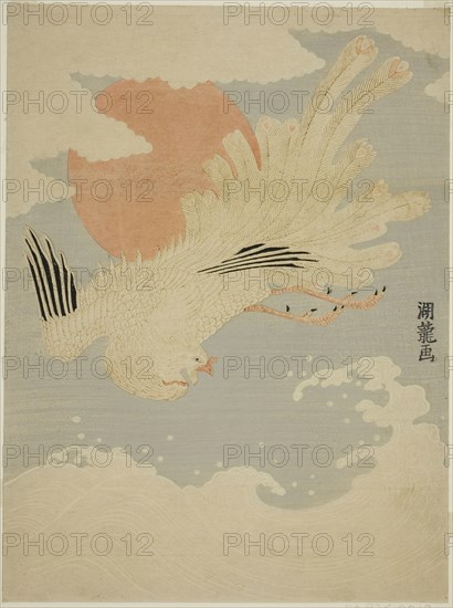 Phoenix Flying Over Waves in front of Morning Sun, c. 1772, Isoda Koryusai, Japanese, 1735-1790, Japan, Color woodblock print, chuban, 27.2 x 20.2 cm (10 3/4 x 7 7/8 in.)