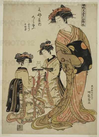 Shirayu of the Wakanaya, from the series Models for Fashion: New Designs as Fresh as Young Leaves (Hinagata wakana no hatsu moyo), c. 1778/80, Isoda Koryusai, Japanese, 1735-1790, Japan, Color woodblock print, oban, 14 1/4 x 10 1/4 in.