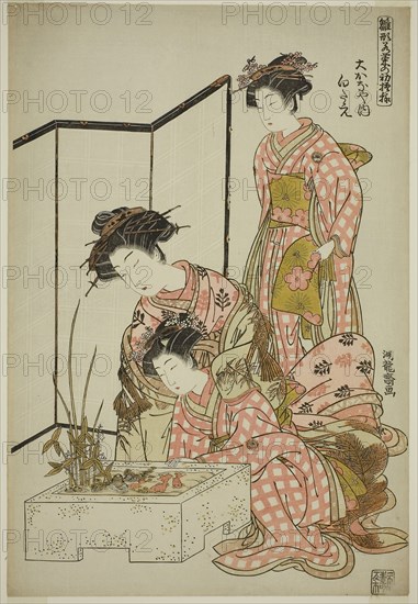 Shirotae of the Okanaya, from the series Models for Fashion: New Designs as Fresh as Young Leaves (Hinagata wakana no hatsu moyo), c. 1777/78, Isoda Koryusai, Japanese, 1735-1790, Japan, Color woodblock print, oban, 15 x 10 in.