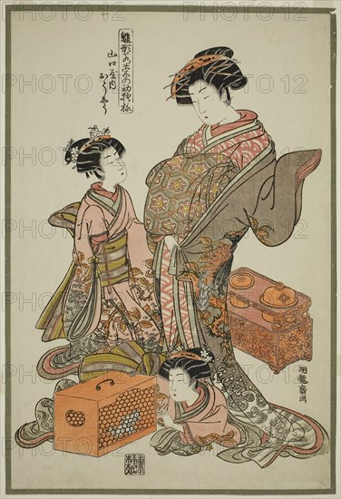 Oshu of the Yamaguchiya, from the series Models for Fashion: New Designs as Fresh as Young Leaves (Hinagata wakana no hatsu moyo), c. 1777/78, Isoda Koryusai, Japanese, 1735-1790, Japan, Color woodblock print, oban, 38.3 × 25.8 cm