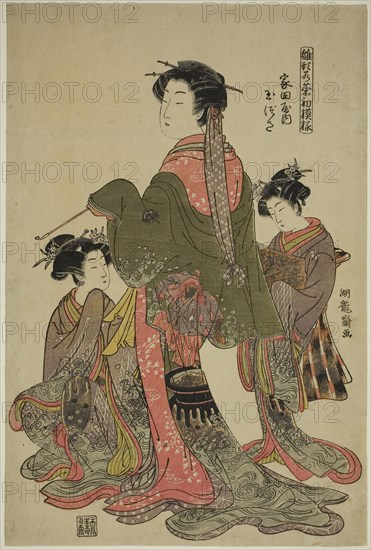 Tamazusa of Iedaya, from the series Models for Fashion: New Designs as Fresh as Young Leaves (Hinagata wakana hatsu moyo), c. 1776, Isoda Koryusai, Japanese, 1735-1790, Japan, Color woodblock print, oban, 37.8 x 25.3 cm (14 7/8 x 10 in.)