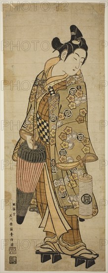 The Actor Sanogawa Ichimatsu I as a young man holding an umbrella and a lantern, c. 1748, Ishikawa Toyonobu, Japanese, 1711-1785, Japan, Hand-colored woodblock print, toku-oban, beni-e, 63.4 X 24.4 cm