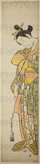 Courtesan Holding a Long Pipe, c. 1743, Ishikawa Toyonobu, Japanese, 1711–1785, Japan, Hand-colored woodblock print, habahiro hashira-e, 70.2 X 17.0 cm