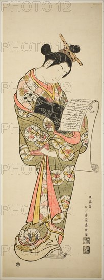 The Actor Segawa Kikunojo I as a courtesan, c. 1747, Ishikawa Toyonobu, Japanese, 1711–1785, Japan, Hand-colored woodblock print, vertical oban diptych, beni-e, 69.6 x 25.2 cm (27 1/2 x 10 in.)