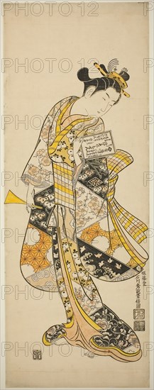 Standing Geisha, c. 1748, Ishikawa Toyonobu, Japanese, 1711–1785, Japan, Hand-colored woodblock print, urushi-e, vertical oban diptych, 65.4 x 24.7 cm