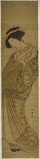 A Courtesan of the Matsubaya, mid–late 1770s, Katsukawa Shunsho ?? ??, Japanese, 1726-1792, Japan, Color woodblock print, wide hashira-e, 67 x 16 cm (27 1/2 x 6 1/2 in.)