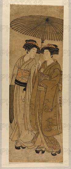 Two Young Women Walking Under an Umbrella, c. 1777, Isoda Koryusai, Japanese, 1735-1790, Japan, Color woodblock print, vertical oban diptych, 27 3/4 x 9 1/2 in.