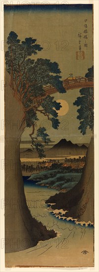 Monkey Bridge in Kai Province (Koyo Saruhashi no zu), c. 1841/42, Utagawa Hiroshige ?? ??, Japanese, 1797-1858, Japan, Color woodblock print, vertical oban diptych, 73 x 25.1 cm (28 3/4 x 9 7/8 in.)