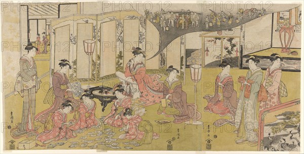 The Card Game, c. 1790, Utagawa Toyokuni I ?? ?? ??, Japanese, 1769–1825, Japan, Color woodblock print, oban triptych, 37.0 x 74.3 cm