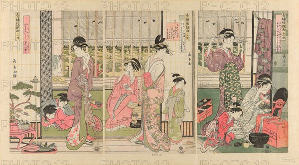 Rain the Morning After in the Pleasure Quarter (Seiro kinuginu no ame), c. 1795, Eishosai Choki, Japanese, active c. 1790s-early 1800s, Japan, Color woodblock prints, oban triptych, 37.0 x 23.7 cm (right sheet), 37.2 x 23.5 cm (center sheet), 37.0 x 24.0 cm (left sheet)